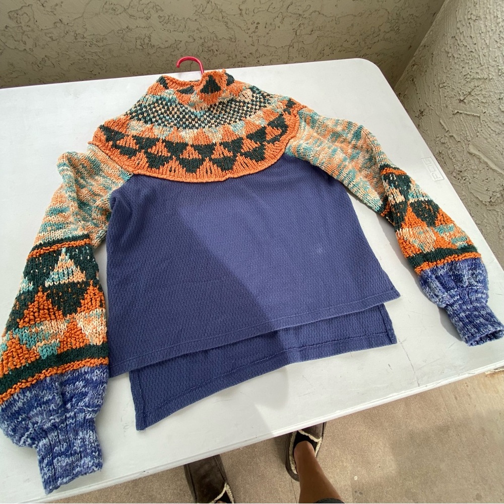 Free People Sweater Womens S Blue Fair Isle Turtleneck Balloon Sleeve Pullover